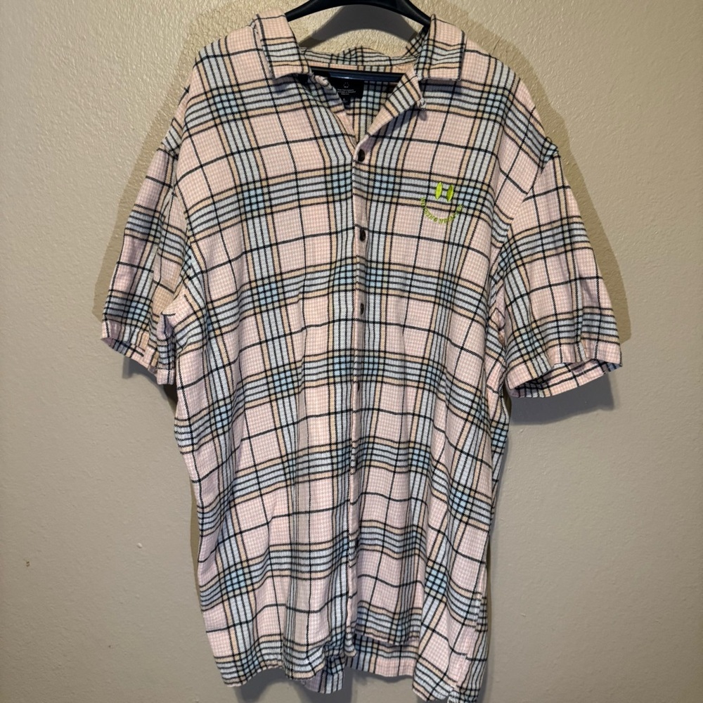 Pacsun Mens L Pink Plaid Boxy Fit Short Sleeve Button Flannel Shirt